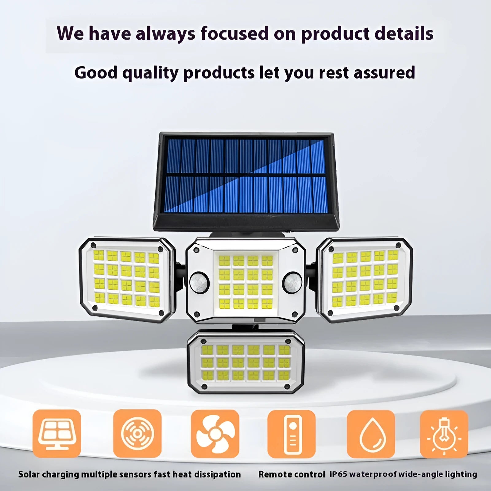 Multi-angle solar-powered garden lamp with motion sensor mounted outdoors