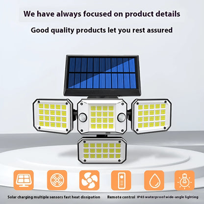 Multi-angle solar-powered garden lamp with motion sensor mounted outdoors