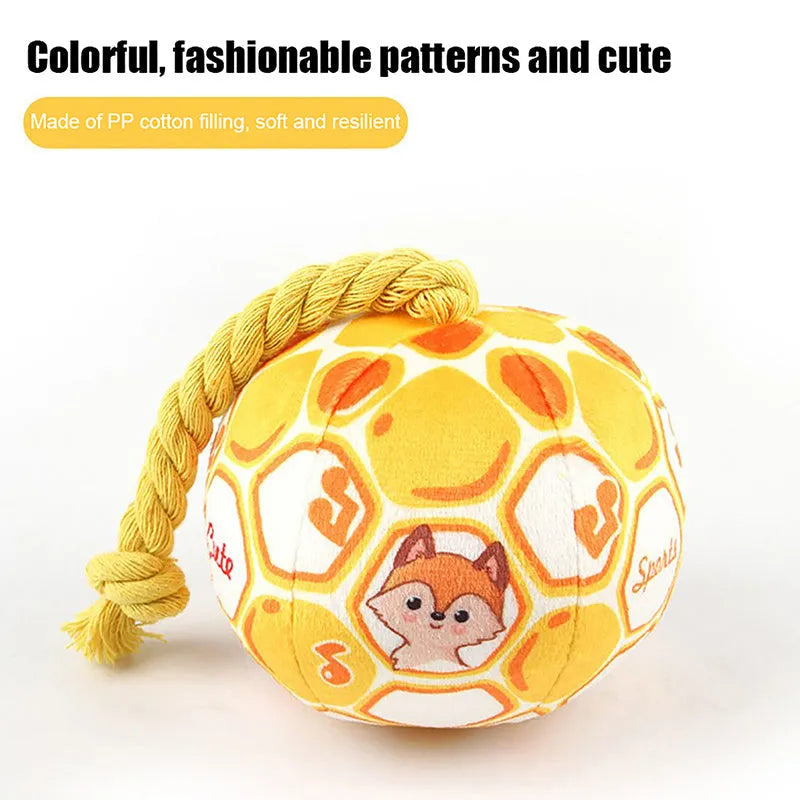 Cotton rope elastic football dog toy in bright cartoon colours for chewing and interactive play