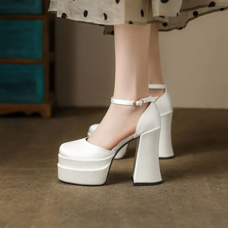 Women's white waterproof platform high heels with chunky heel and round toe design