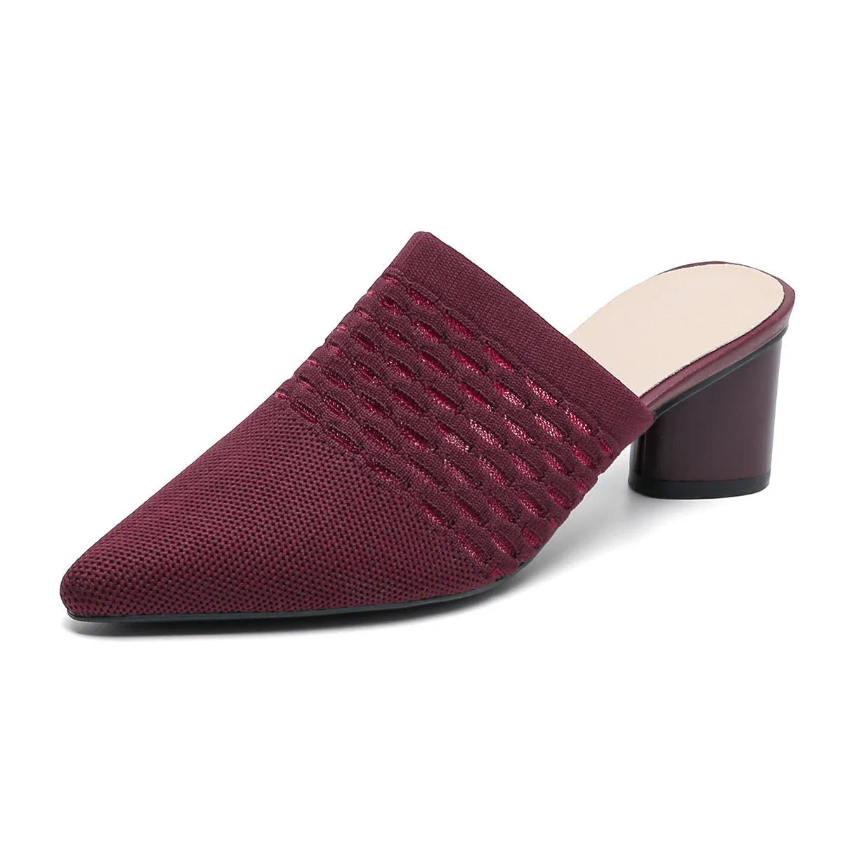 Women's black pointed toe sandals with a fabric upper and a 5cm chunky rubber heel