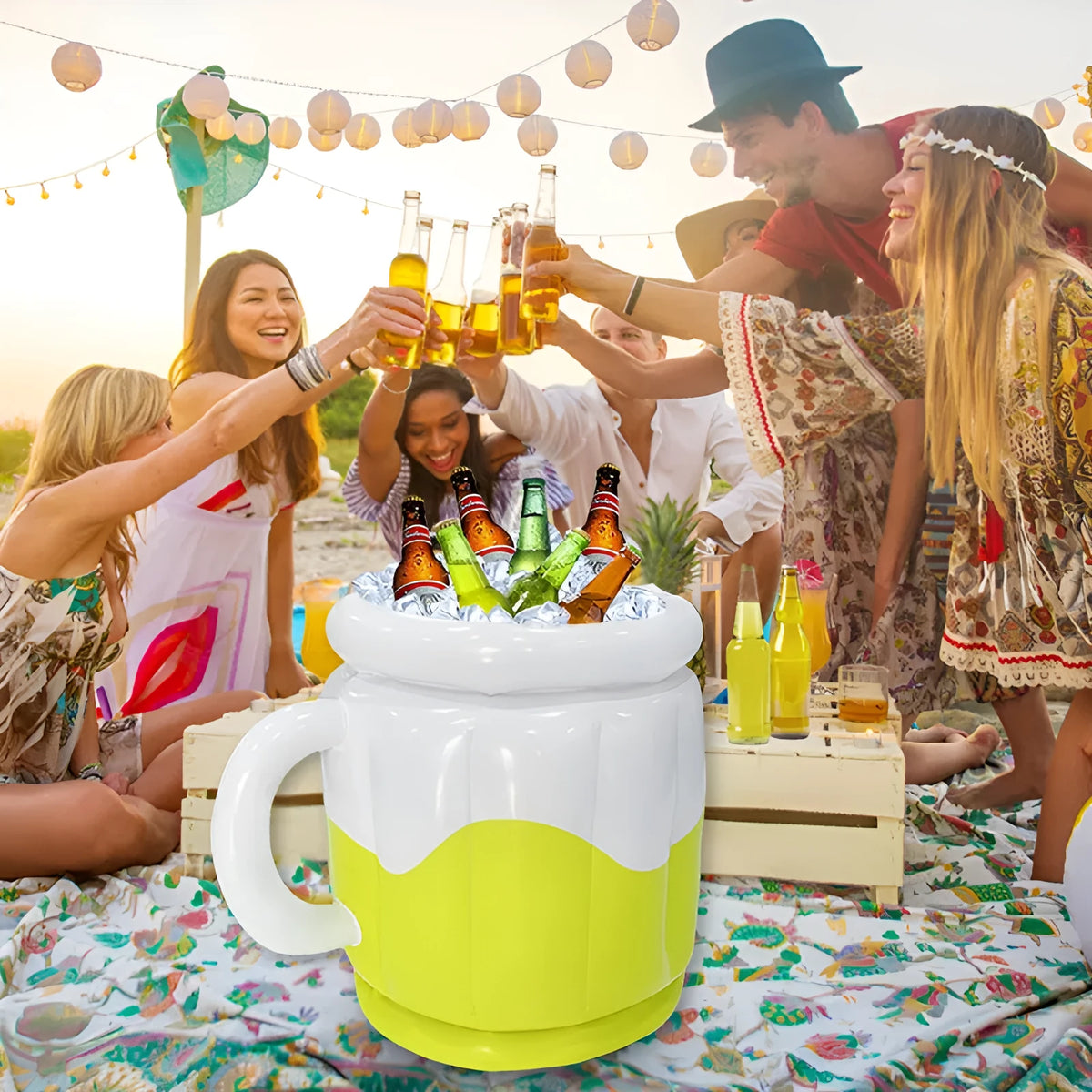 Yellow inflatable PVC ice bucket for beer steins and outdoor drinks