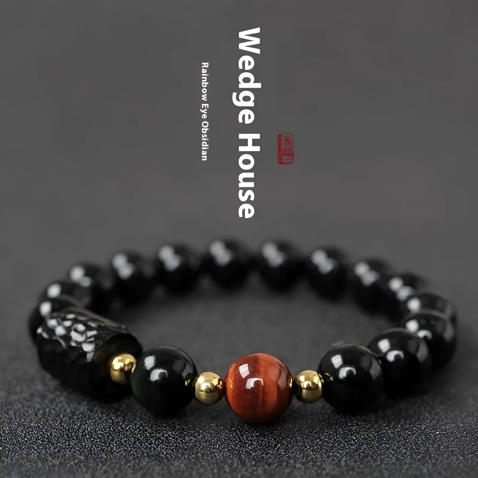 Handcrafted obsidian and tiger eye bead bracelet with 10mm diameter stones