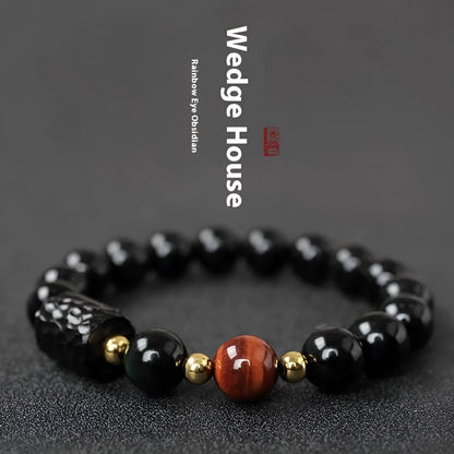 Handcrafted obsidian and tiger eye bead bracelet with 10mm diameter stones