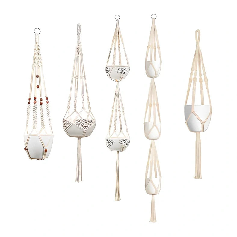 Hand-knitted cotton flowerpot net bag showing intricate pattern and hanging installation with plant