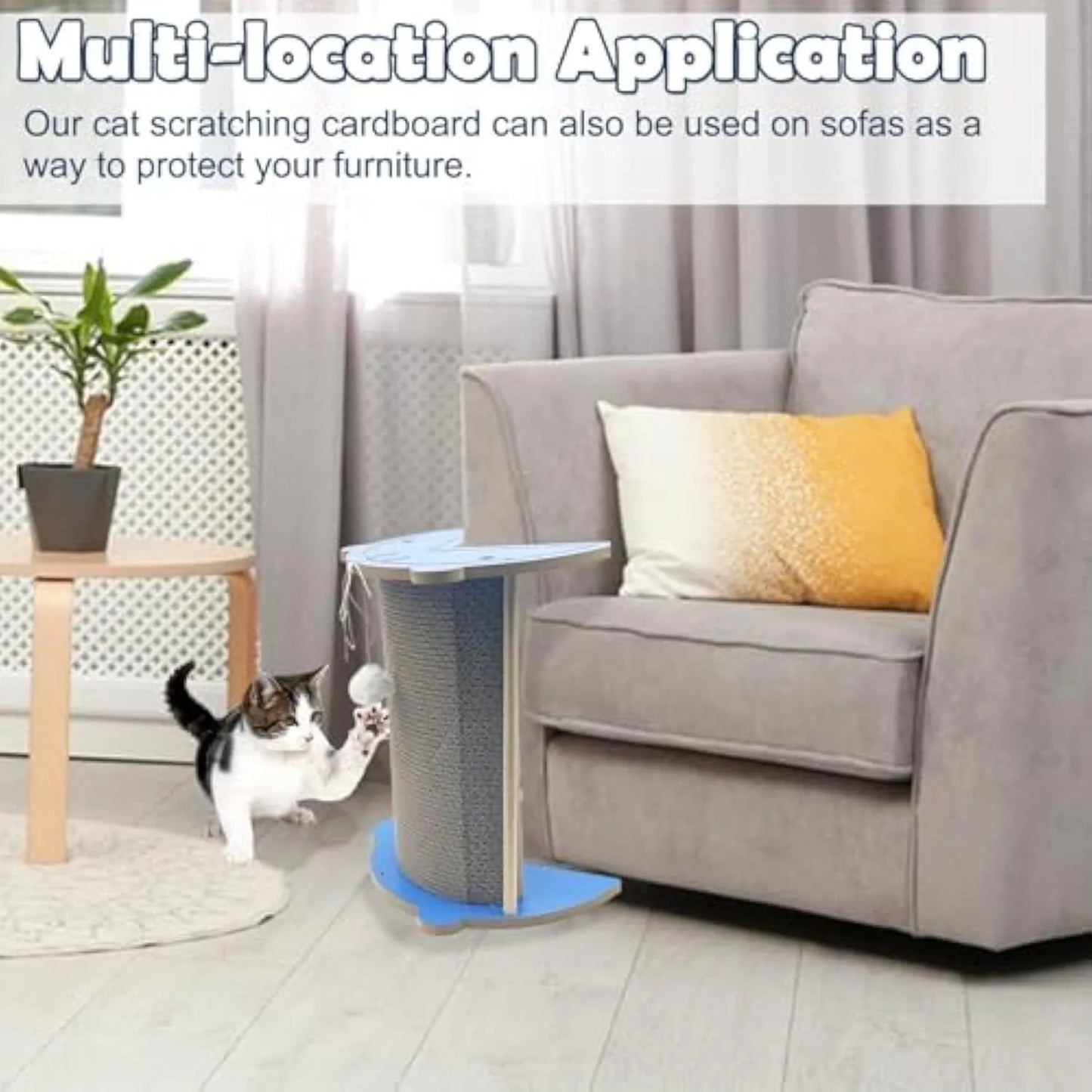Grey corner cat scratcher with replaceable cardboard board and hanging red ball
