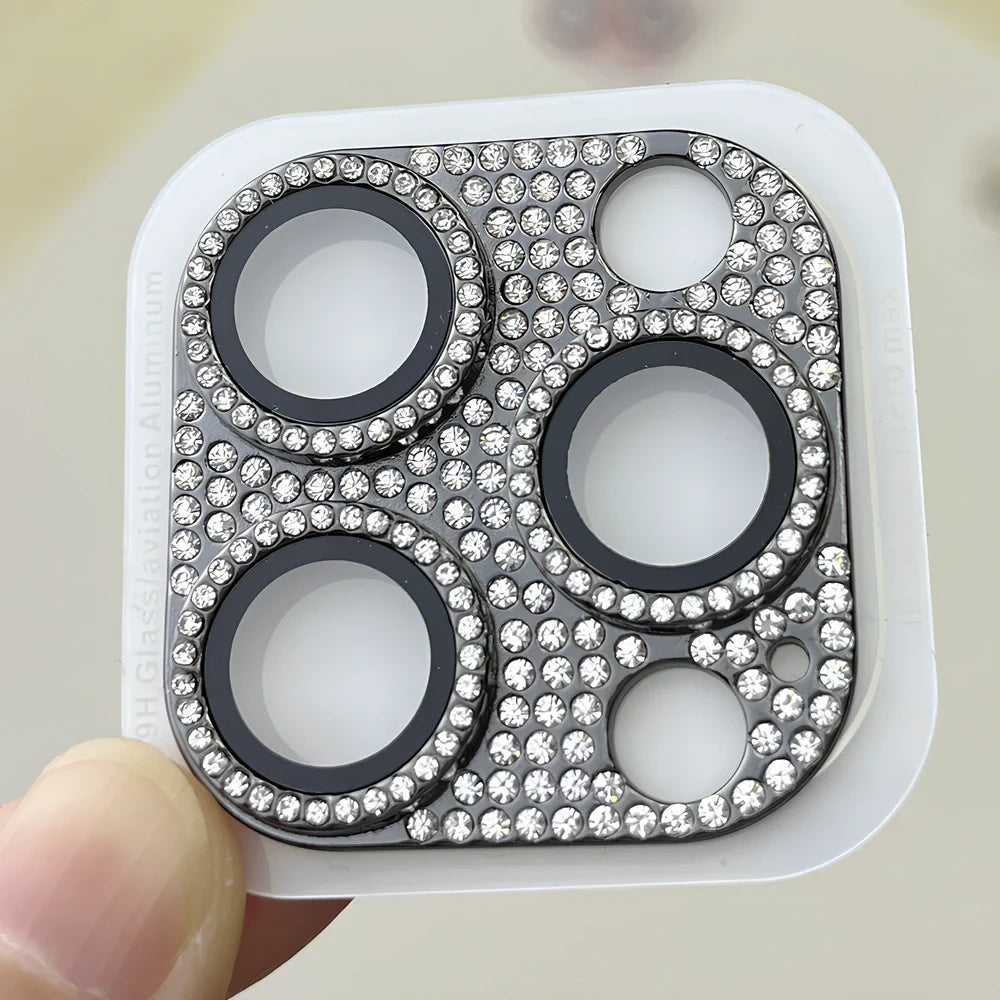 Diamond-embedded iPhone lens protector with 9H hardness showing black colour option on iPhone 15 Pro