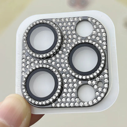 Diamond-embedded iPhone lens protector with 9H hardness showing black colour option on iPhone 15 Pro
