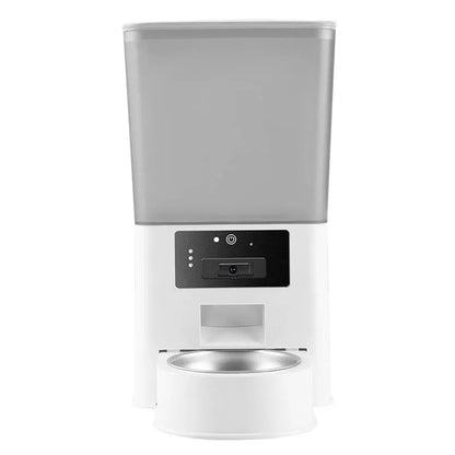 Smart pet feeder with stainless steel bowl and 5L capacity reservoir in multiple control versions