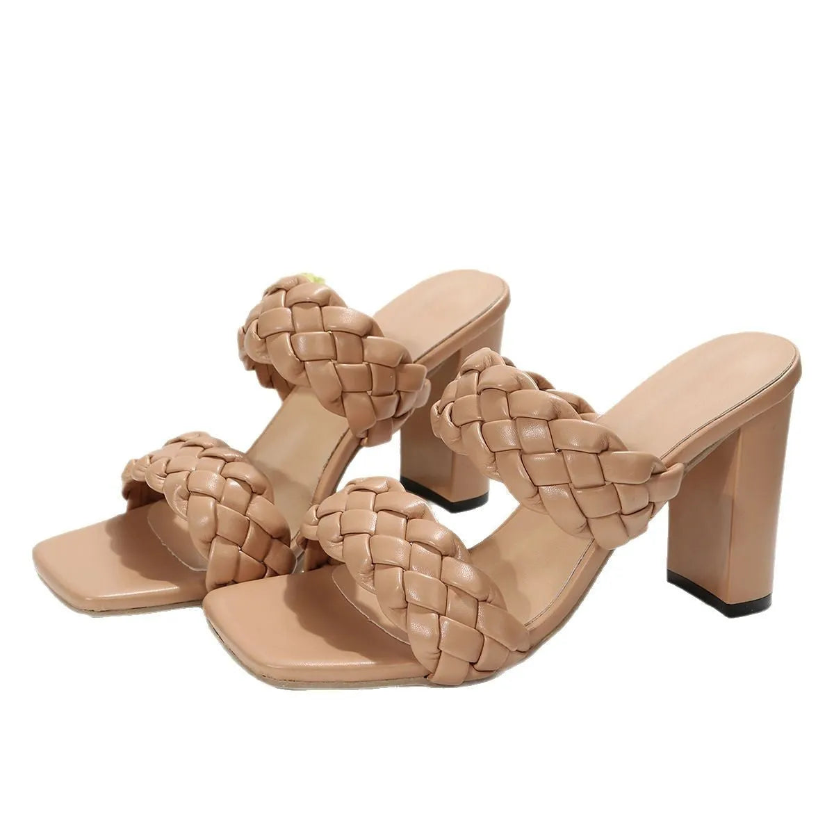 Square toe flip-flops with woven twisted straps and chunky heel in apricot colour