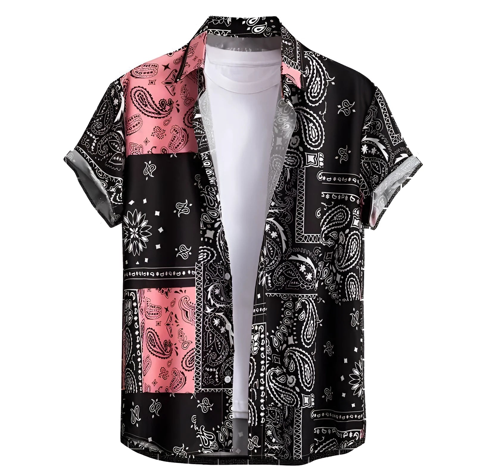 Man wearing a slim fit, short sleeve Hawaiian shirt with a digital print pattern in a casual setting