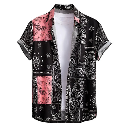 Man wearing a slim fit, short sleeve Hawaiian shirt with a digital print pattern in a casual setting