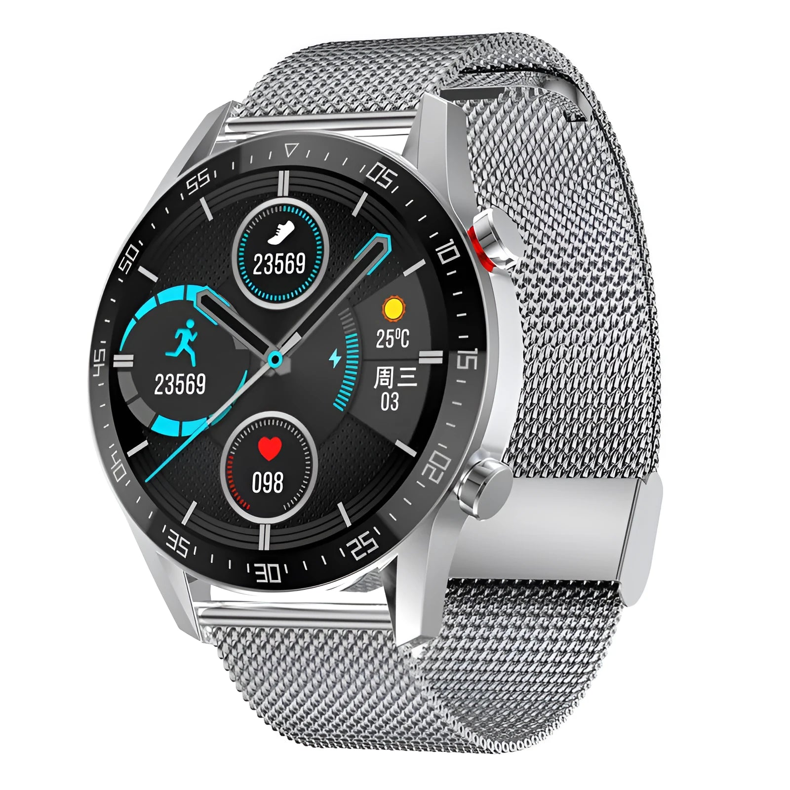 Black or silver smartwatch with 1.3-inch screen showing interface, featuring Bluetooth calling and NFC.
