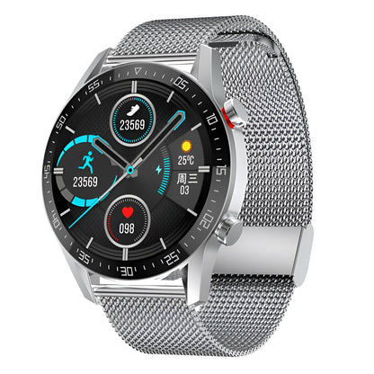 Black or silver smartwatch with 1.3-inch screen showing interface, featuring Bluetooth calling and NFC.