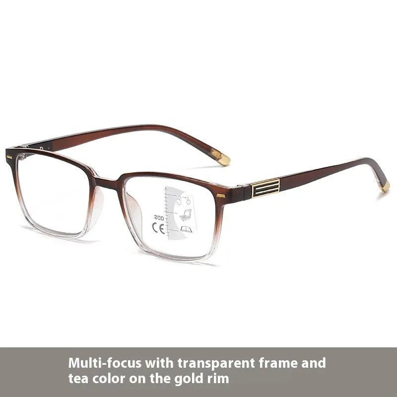 Multifocal reading glasses with photochromic lenses in various frame colour options