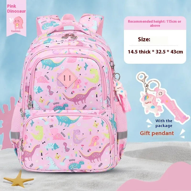 Blue children's school backpack with dinosaur pattern, showing curved shoulder straps and front pocket.