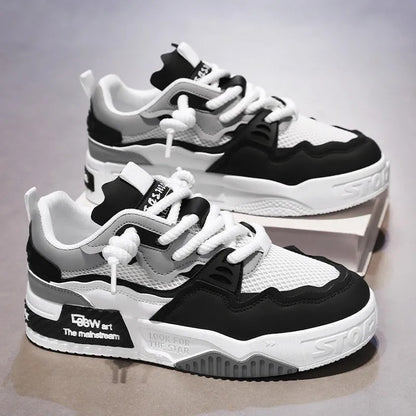 Men's low-top board shoes in beige, white and black, and white and yellow colour options.