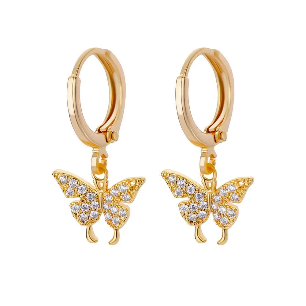 Women's copper geometric butterfly earrings with diamond treatment in heart, bow, and star shapes, multiple colour options