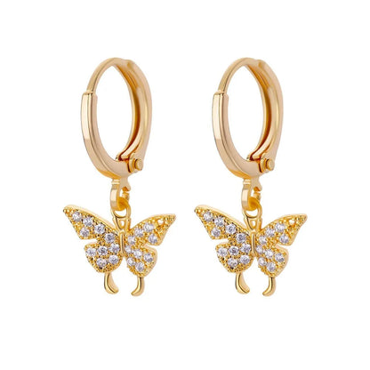 Women's copper geometric butterfly earrings with diamond treatment in heart, bow, and star shapes, multiple colour options