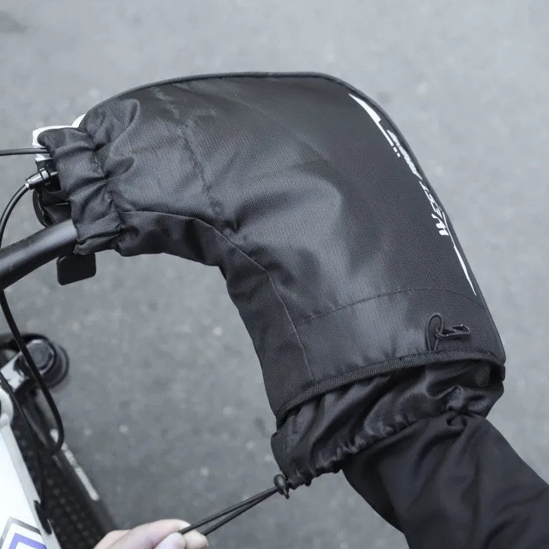 Black one-size winter cycling gloves with waterproof PU outer, fleece lining, and reflective safety details