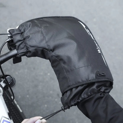 Black one-size winter cycling gloves with waterproof PU outer, fleece lining, and reflective safety details