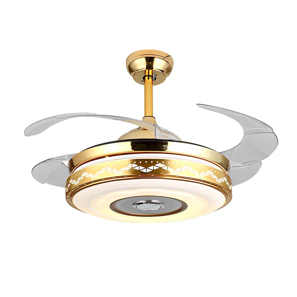 42-inch acrylic ceiling fan light in European style with Bluetooth music and gold three-tone LED, iron frame for living room installation