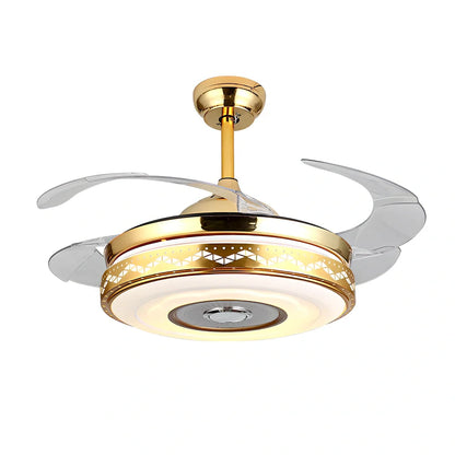 42-inch acrylic ceiling fan light in European style with Bluetooth music and gold three-tone LED, iron frame for living room installation