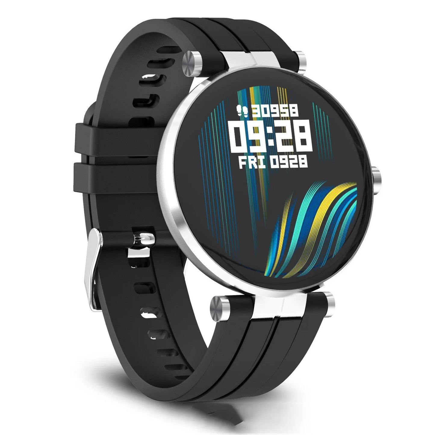 Smart watch with blood pressure monitoring on wrist showing heart rate tracking display
