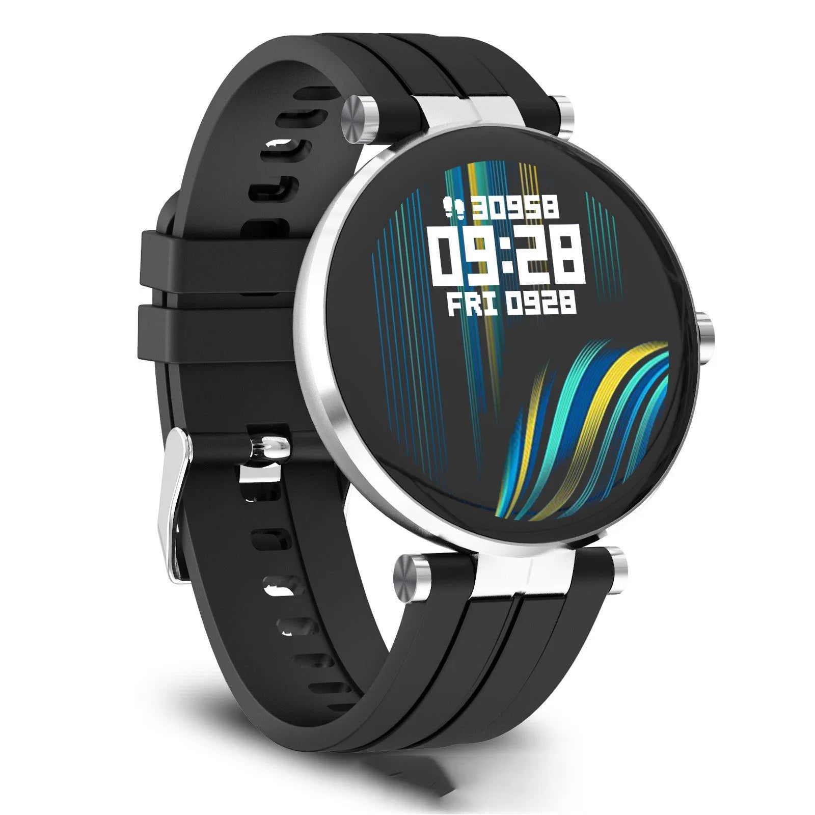 Smart watch with blood pressure monitoring on wrist showing heart rate tracking display