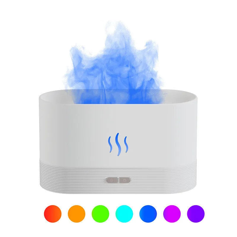 Black square ultrasonic aroma diffuser with flame light effect and mist output.