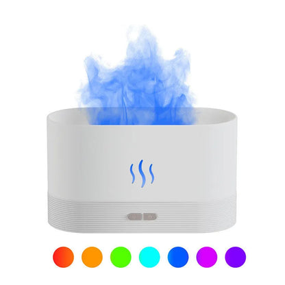 Black square ultrasonic aroma diffuser with flame light effect and mist output.
