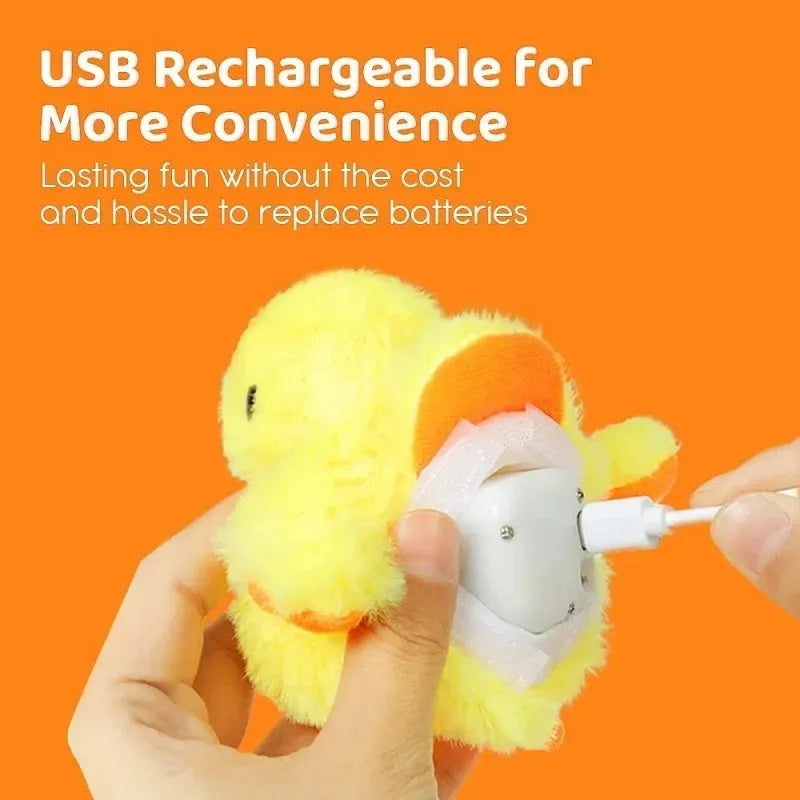 Yellow electric flapping duck cat toy with vibration sensor and USB-C charging cable