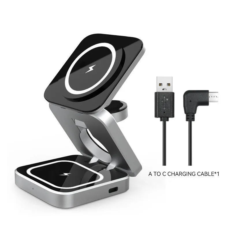 Silver foldable 3-in-1 wireless charging station for iPhone, Apple Watch and AirPods
