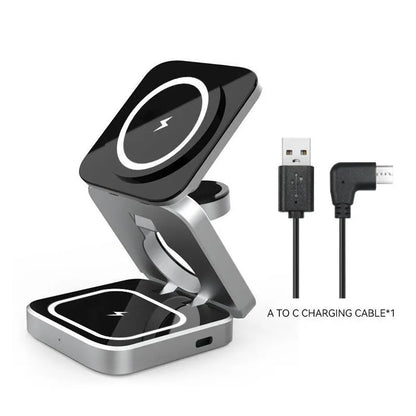 Silver foldable 3-in-1 wireless charging station for iPhone, Apple Watch and AirPods
