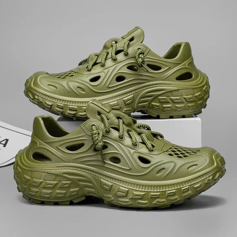 Men's open-toe sandals with thick EVA sole and covered heel in army green colour