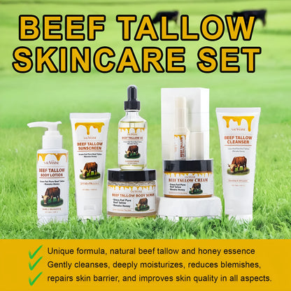 Seven-piece skincare set with facial cleanser, face cream, lipstick, body lotion and facial scrub