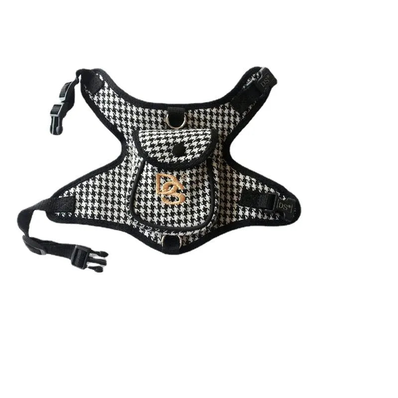Black houndstooth pattern cotton dog vest with attached leash in Korean style.