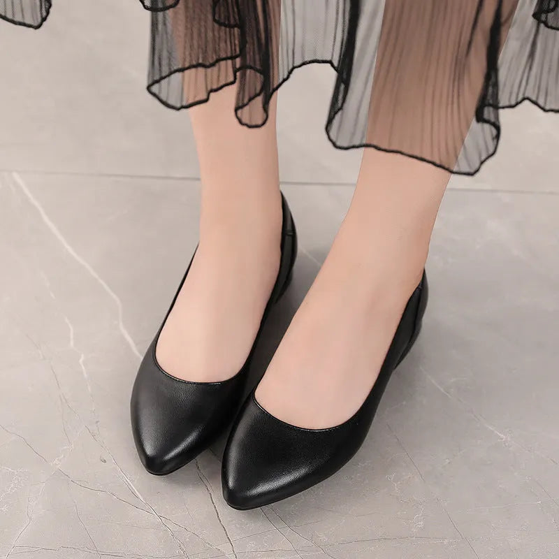 Beige cowhide flat pointed casual low-cut shoes with a buckle fastening and rubber sole