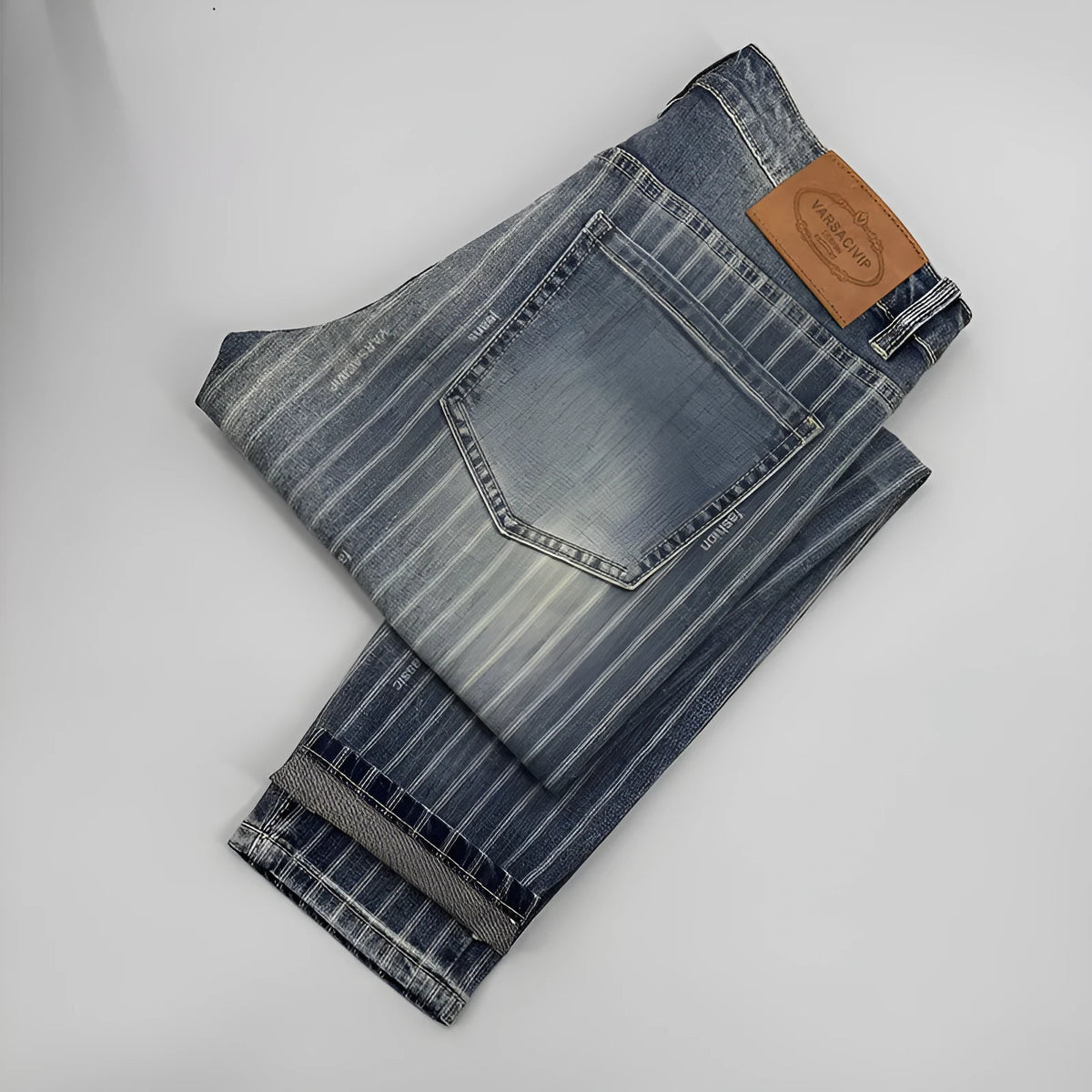 Men's striped cropped jeans, thin slim fit straight leg denim trousers with zipper fly, sizes 28-38
