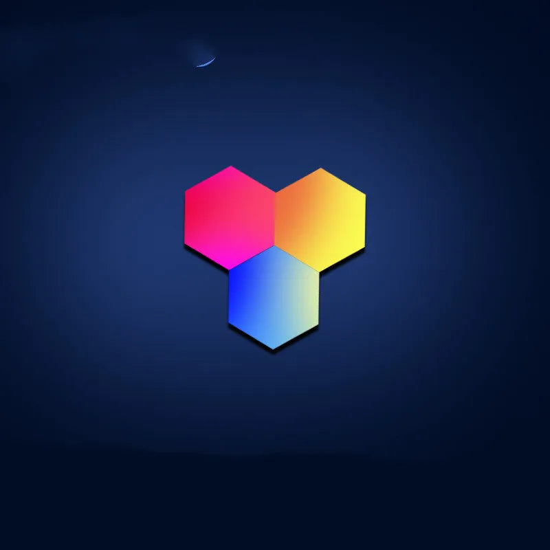 Hexagonal LED wall lamp with colour-changing quantum light panels, remote control, and 5V2A USB plug for bedroom or gaming room walls