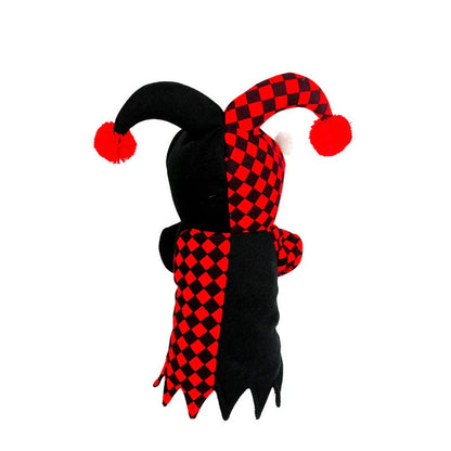 A pet wearing a clown costume with a jaunty hat, made of high-quality polyester for comfort and durability.