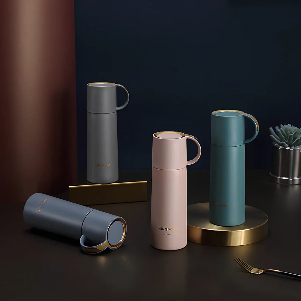 350ml stainless steel insulated vacuum flask in blue, with leakproof lid and round mouth for coffee or water