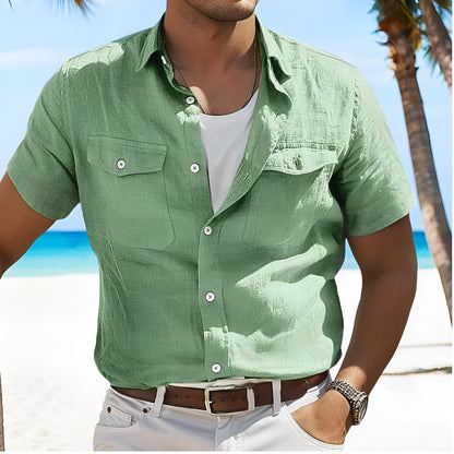 Men's loose cotton cardigan shirt with polo collar in solid colour options