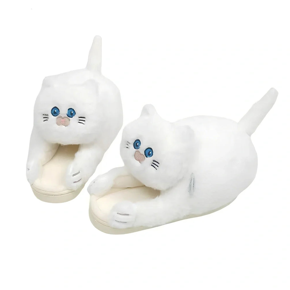 Blue cat pattern cotton slippers with 1.5cm heel and non-slip soles for UK sizes 35-43