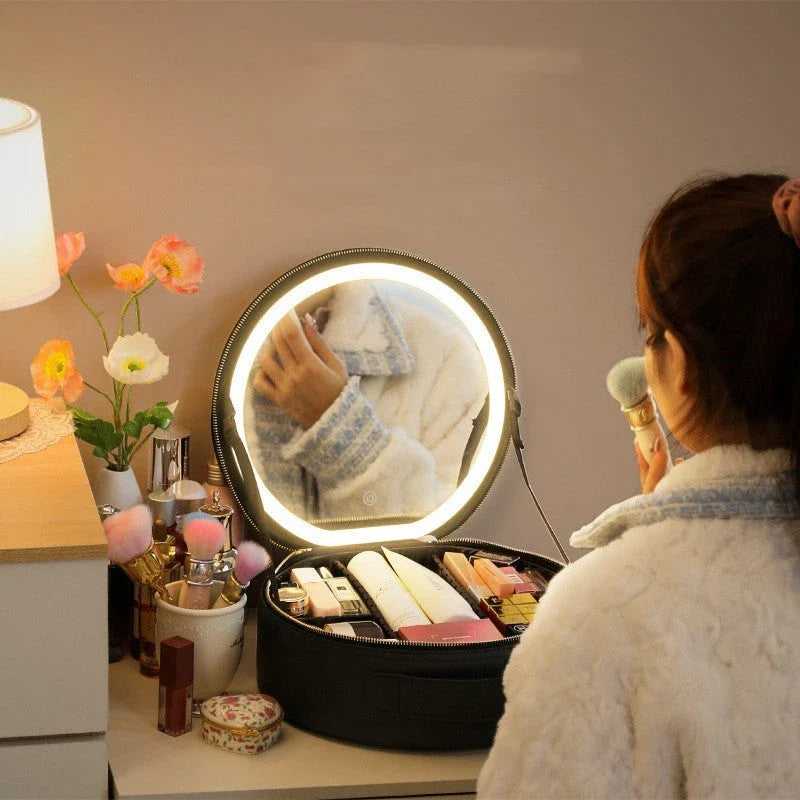 Smart LED makeup bag with adjustable lighting and spacious, organized interior for seamless beauty on the go