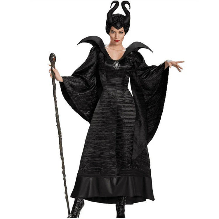 Enchanting Maleficent-inspired Halloween costume with horned headpiece, cape, and dress