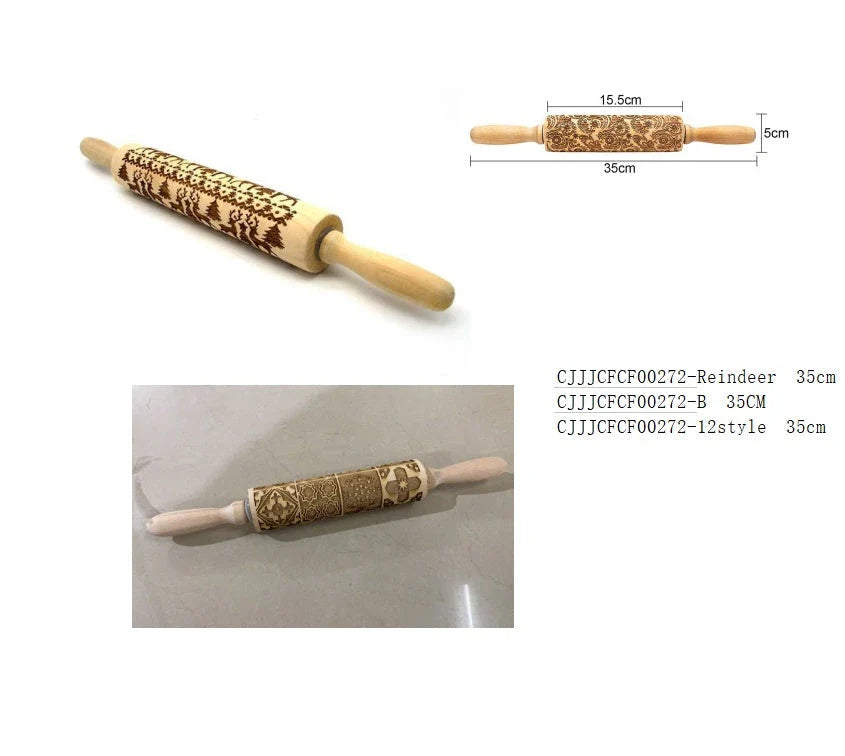 Festive rolling pin with embossed Christmas designs for easy imprinting on dough