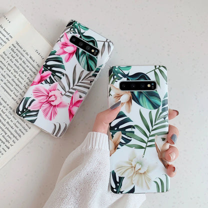 Samsung phone case with green leaf flower design on TPU back cover