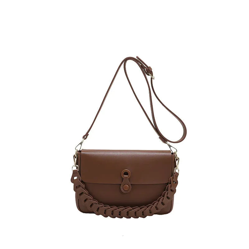 Women's PU leather shoulder bag with woven chain strap, medium square shape, 28cm width, 17cm height, in black