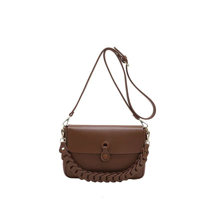 Women's PU leather shoulder bag with woven chain strap, medium square shape, 28cm width, 17cm height, in black
